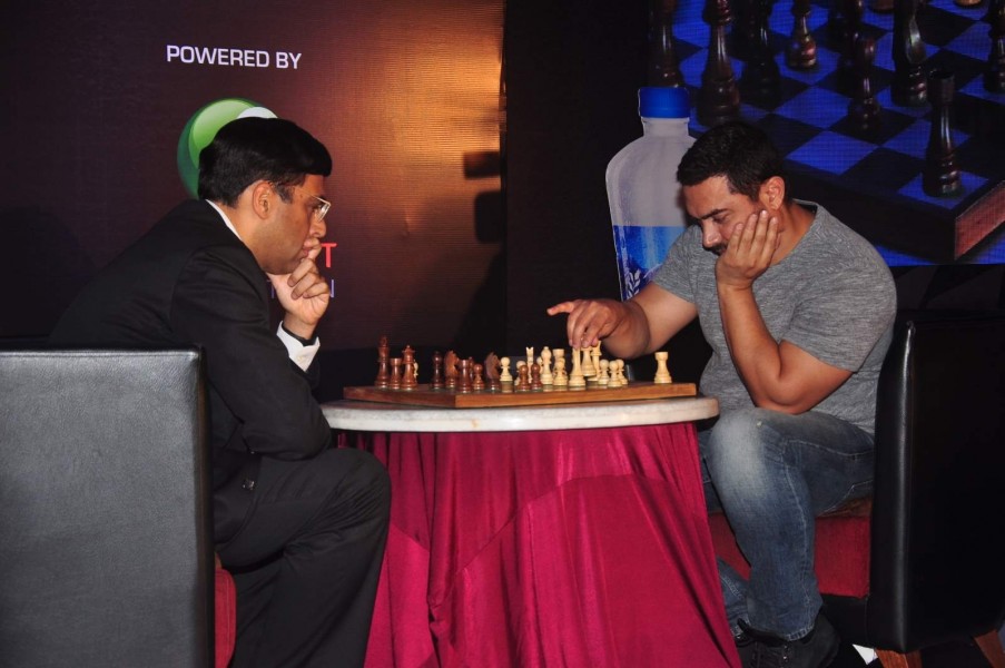 Mumbai: Actor Aamir Khan and Chess World Champion Vishwanathan Anand during the announcement of 3rd Edition of Maharashtra Chess League (MCL), in Mumbai on May 22, 2015. (Photo: IANS)